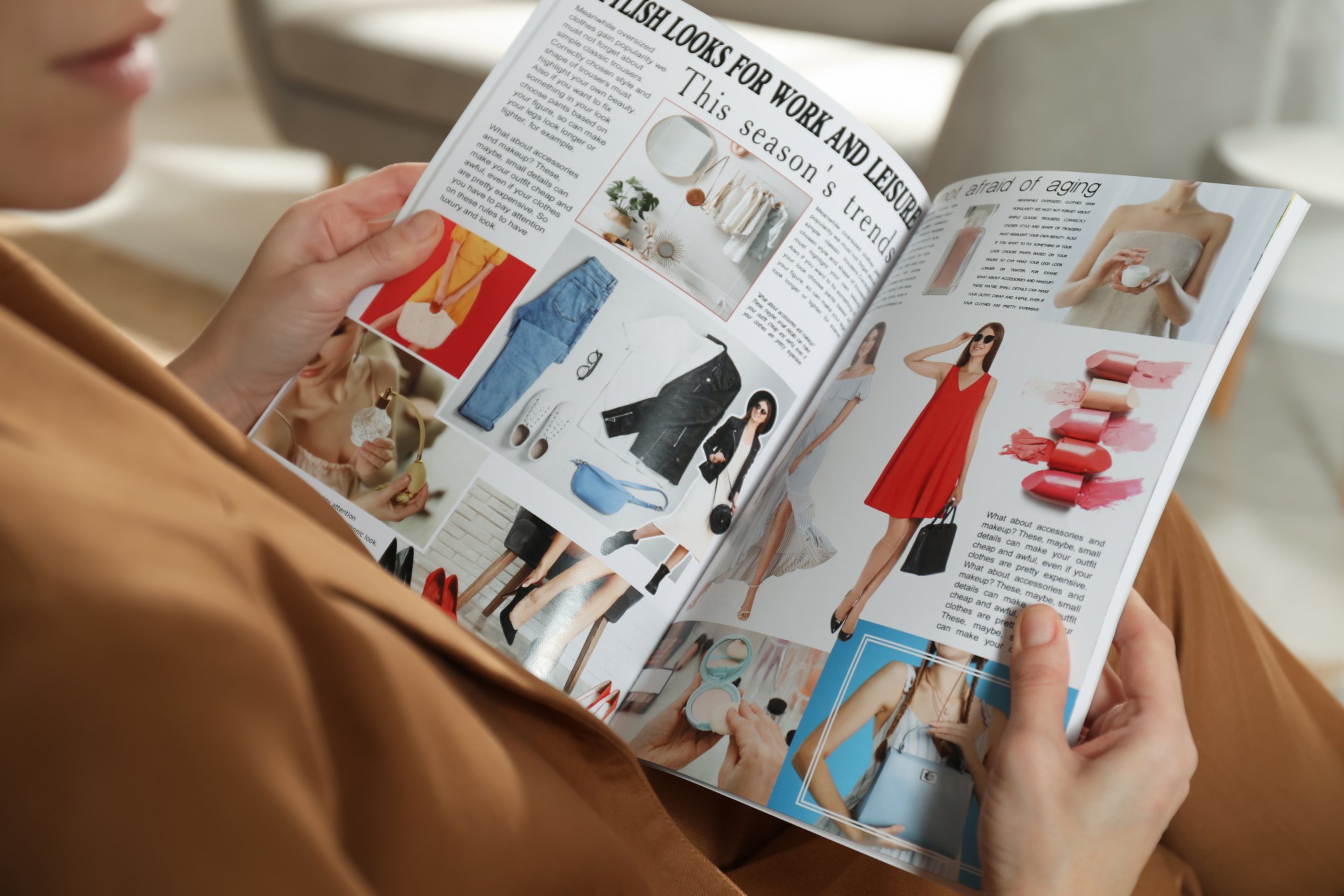 Woman Reading Fashion Magazine at Home, Closeup